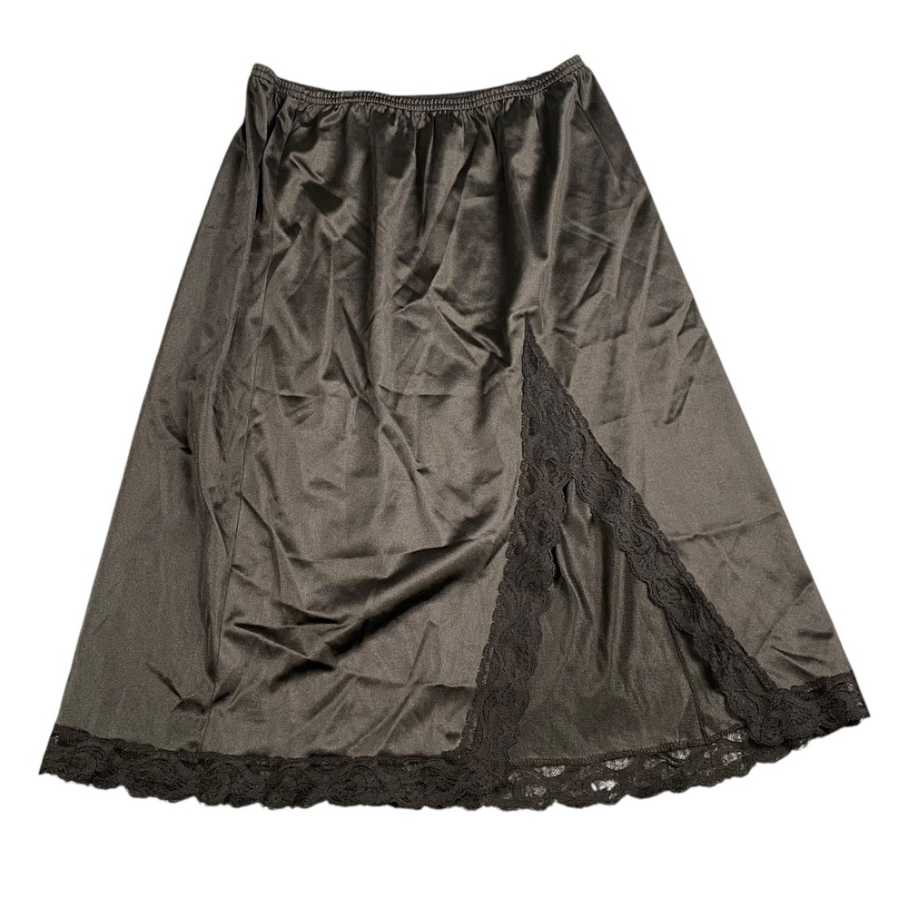 Vanity Fair Vintage Black Lace‎ Trim Half Slip Side Slit Nylon Antron III Med L